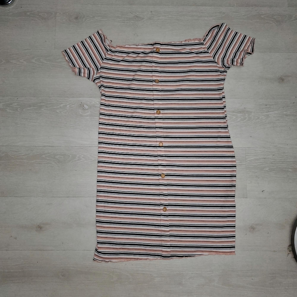 Plus Buttoned Front Lettuce Trim Striped Bodycon Dress - PINK